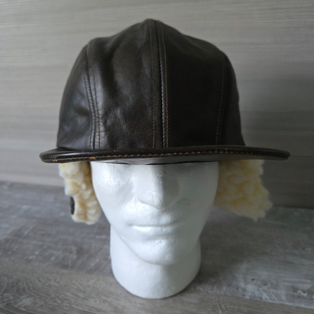 Broner Leather Aviator Trapper Hat Large Brown Shearling Ear Flaps USA Made